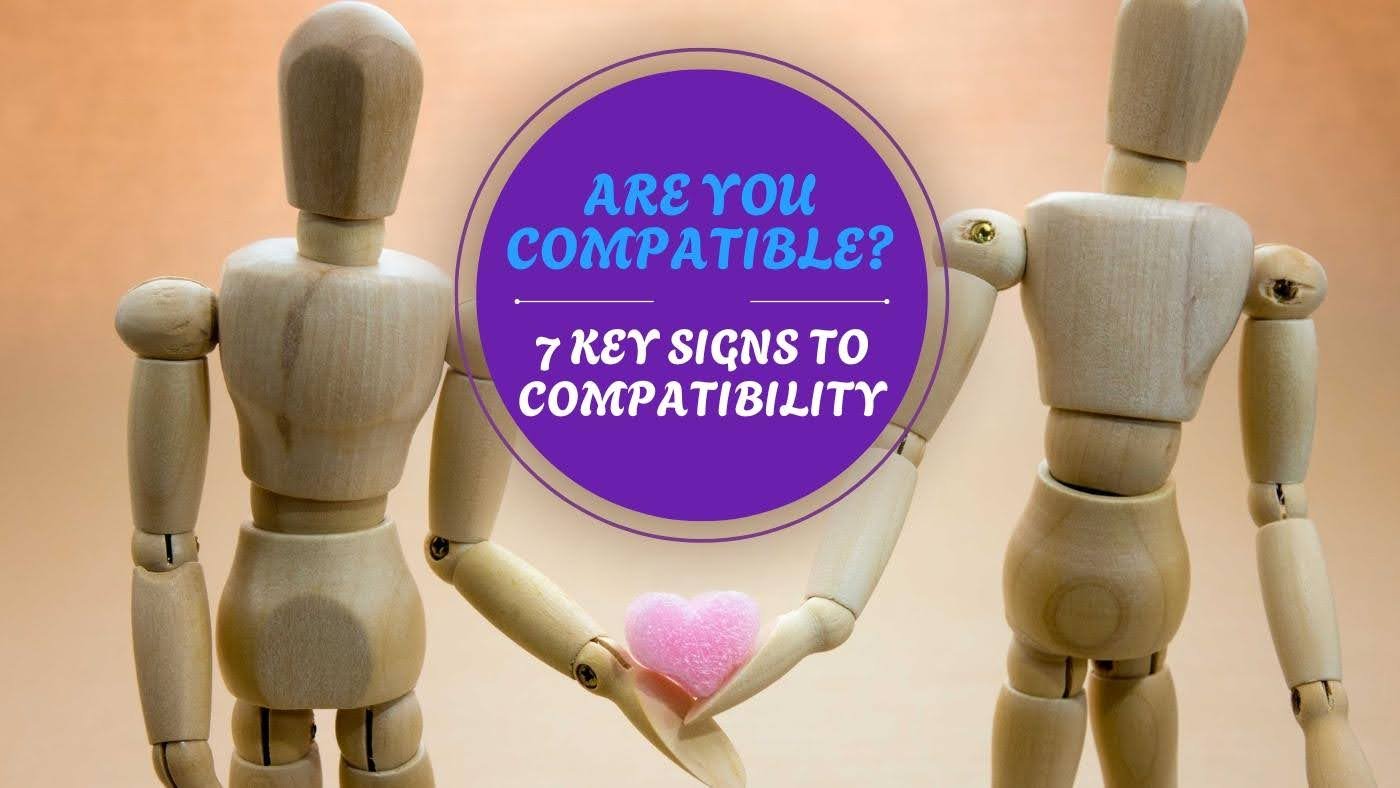 Two AI robots describing relationship with heart and banner on 7 Compatibility Signs in Relationships